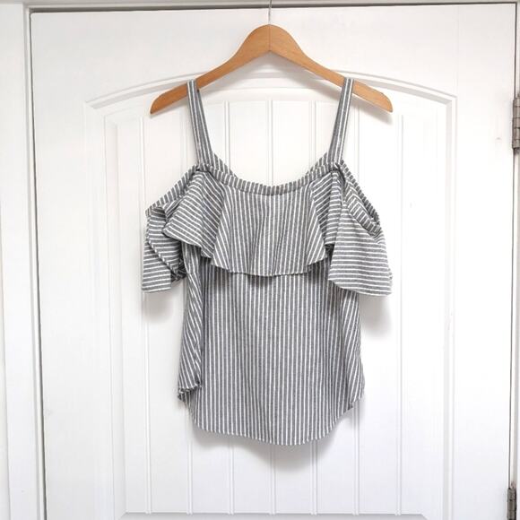 Veronica Beard Grant Cold Shoulder V-Neck Button Striped Top, size 8 - Picture 2 of 7